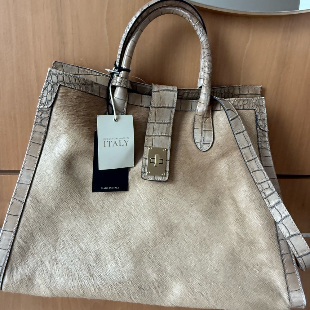 NWT Chic Beige Leather & Calf Hair Women's Bag with Gold Hardware